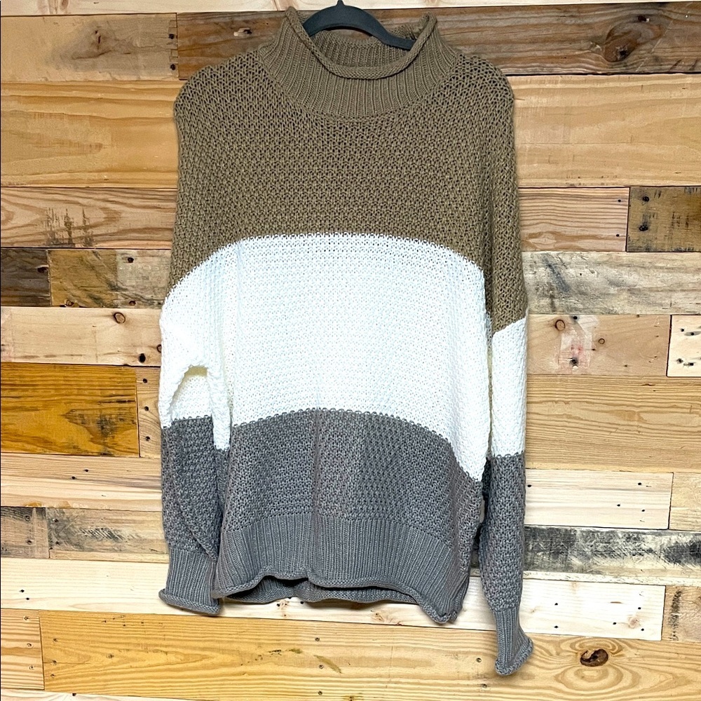 Size XL Color block Tan, White, Mocha Color Mock-neck Soft Stretchy Sweater